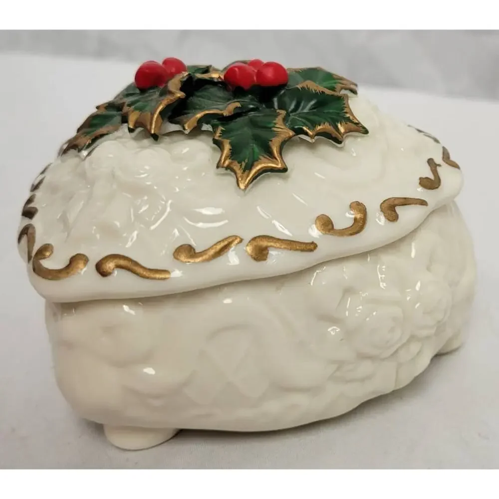 Vintage Porcelain Christmas Holly Berry Heart Ceramic Jewelry Box